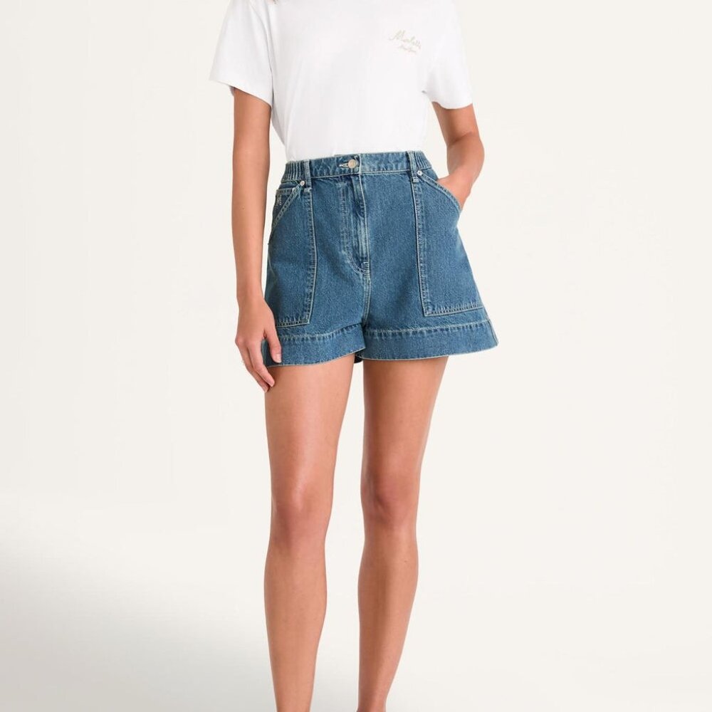 Merlette Women's Denim Shorts 32 Pollock Mid Blue Wash Wide Leg Jean Hi-Rise
